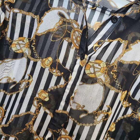 Forever 21 Nautical Black White Gold Sheer Long Sleeve Button Blouse Womens S - Picture 10 of 12
